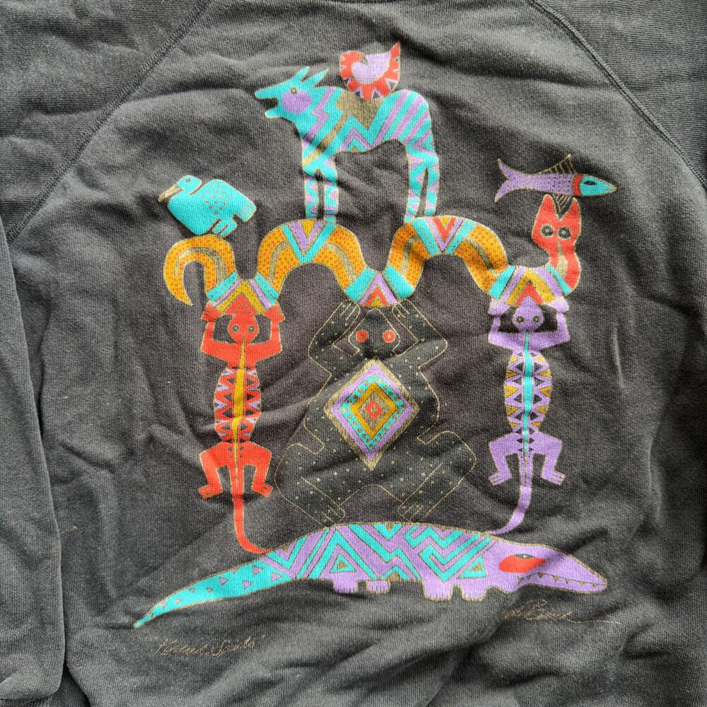 VINTAGE 90S NATIVE AMERICAN TRIBAL SWEATSHIRT CREWNECK RAGLAN BLACK MENS LARGE - Picture 2 of 5